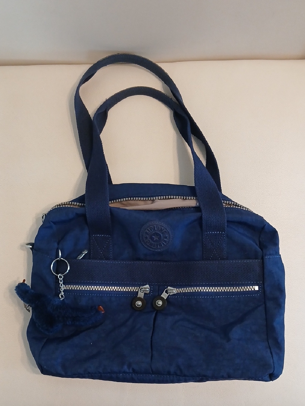 Kipling Klara Deep Navy Quilted Nylon Tote with Monkey Keychain
